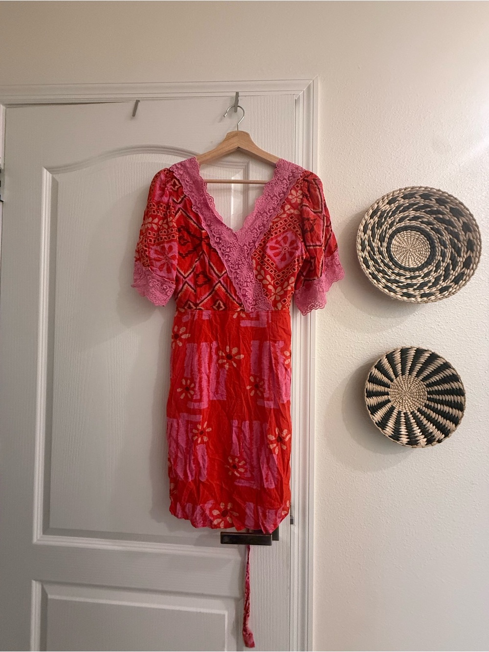 Spell and the Gypsy Red & Pink V-Neck Lace Trim Women's Dress